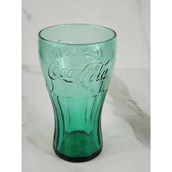 Coca Cola Libbey Drinking Glasses 17oz Embossed Logo 6" Retro Glass Green x3 - Picture 3 of 13